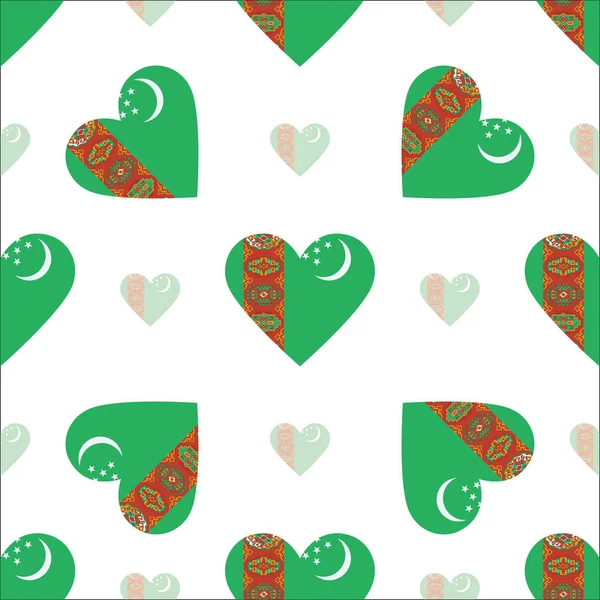 Bandera de Turkmenistán patrón inconsútil patriótico Bandera nacional en forma de corazón Vector — Vector de stock