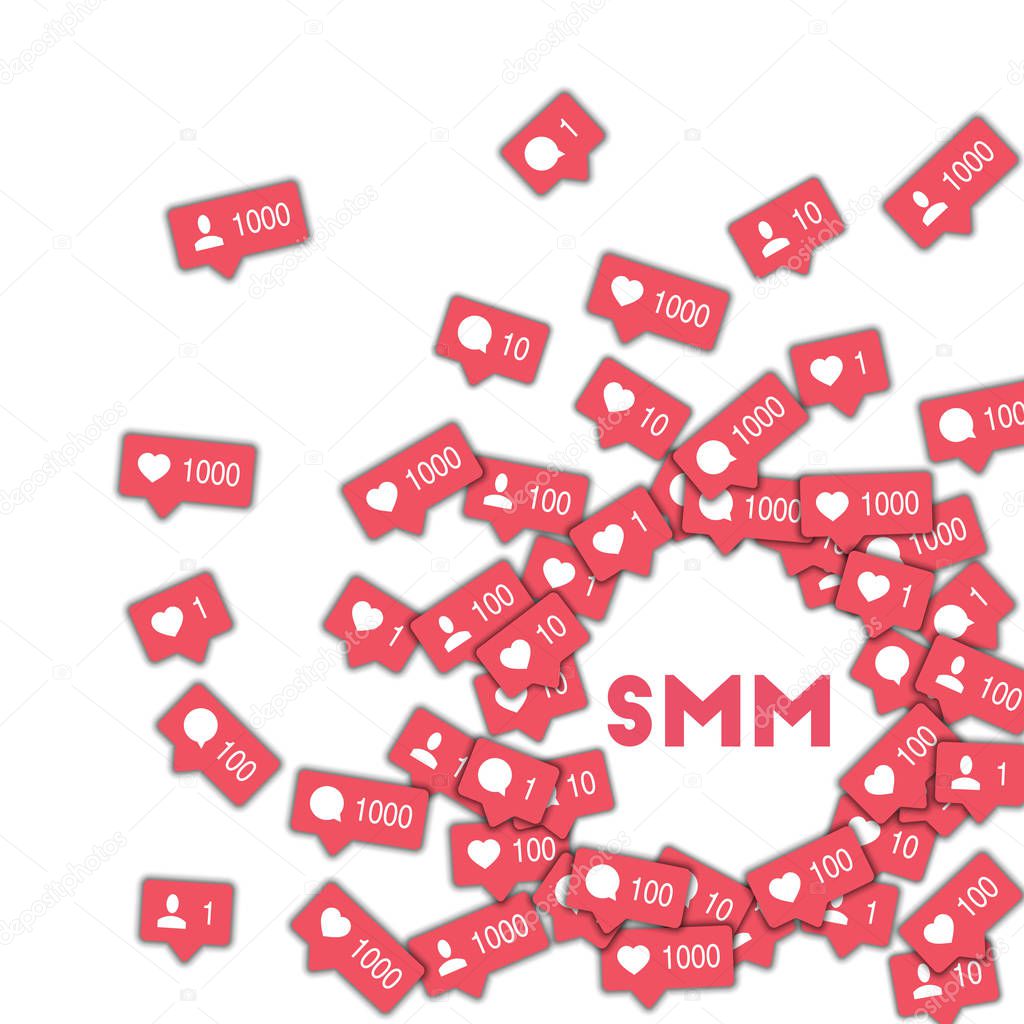 SMM Social media icons in abstract shape background with counter comment and friend notification