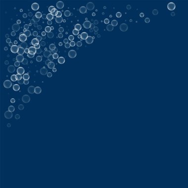 Sabun köpüğü sol üst köşede sabun köpüğü ile derin mavi arka plan vektör çizim