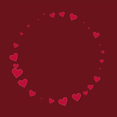 Kırmızı dikişli kağıt yuvarlak şekil şarap kırmızı arka plan vektör çizim üzerinde hearts