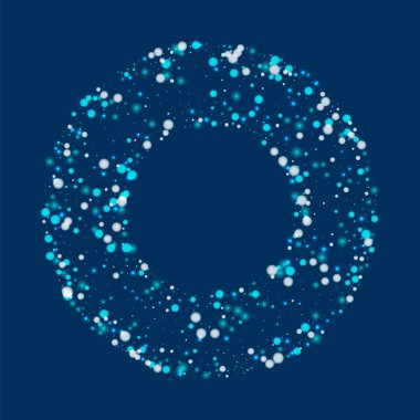 Derin mavi arka plan üzerinde güzel yağan kar ile yuvarlak simit çerçeve güzel yağan kar