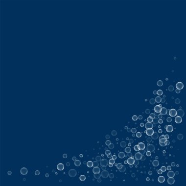 Sabun köpüğü alt sağ köşede sabun köpüğü ile derin mavi arka plan vektör çizim