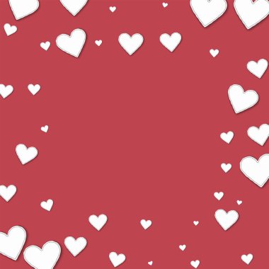 Kesme kağıt kalpler kare çerçeve koyu kırmızı arka plan vektör çizim üzerinde dağınık.