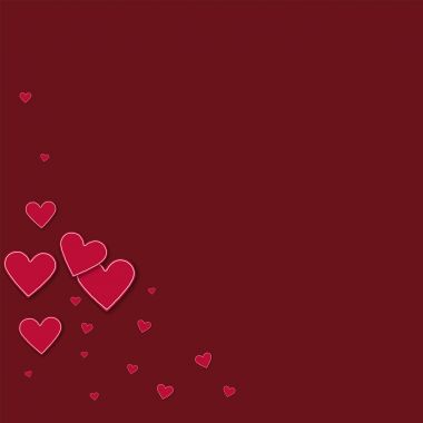 Kesikli kırmızı kağıt kalpleri alt sol köşede şarap kırmızı arka plan vektör çizim