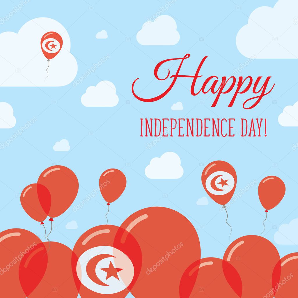 Tunisia Independence Day Flat Patriotic Design. Tunisian Flag Balloons. Happy National Day Vector Card.