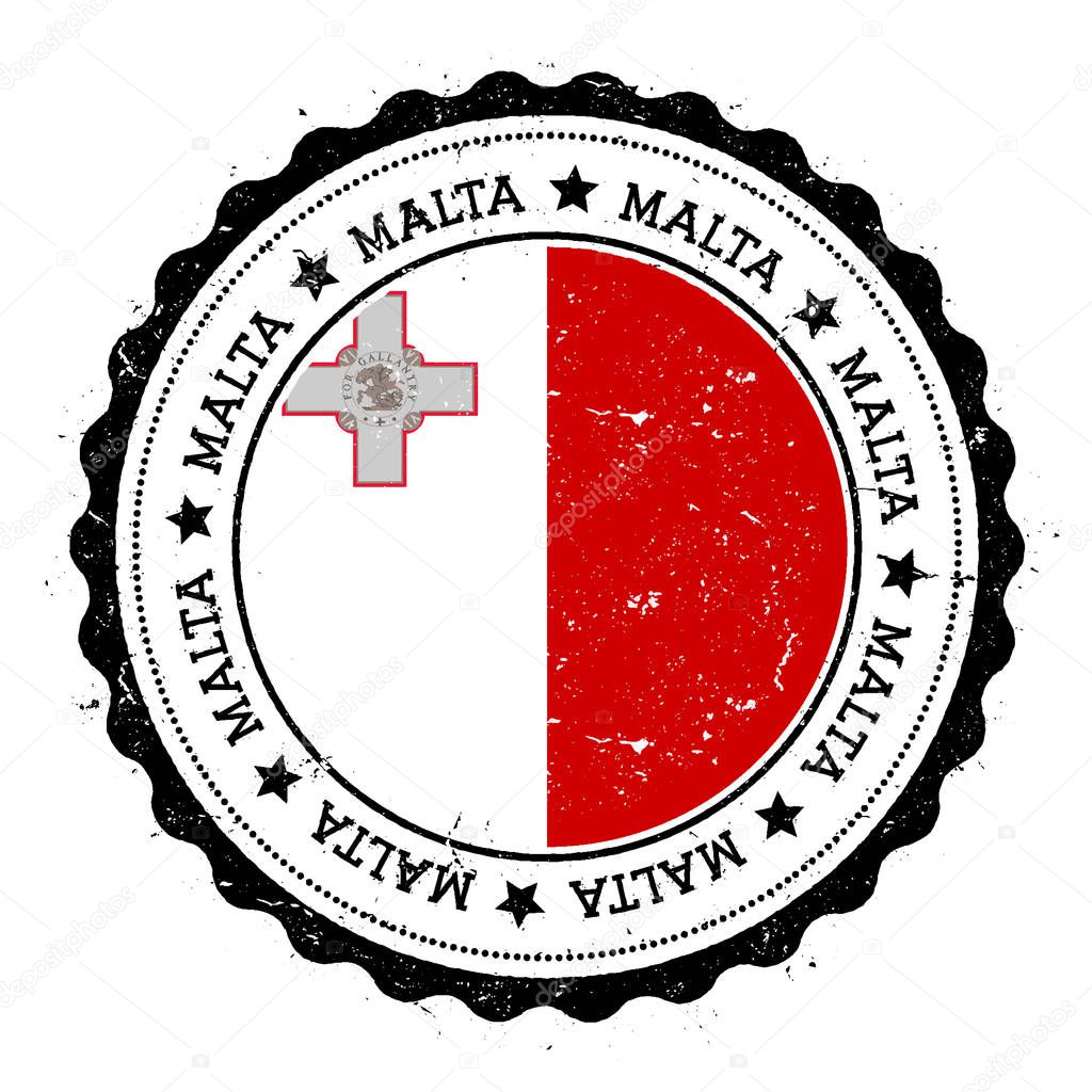 Malta flag badge. Vintage travel stamp with circular text, stars and island flag inside it. Vector illustration.