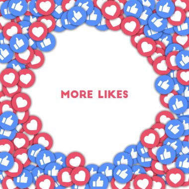 More likes Social media icons in abstract shape background with scattered thumbs up and hearts