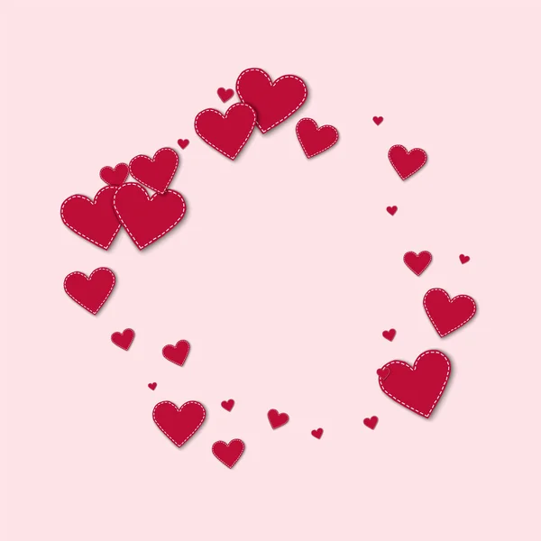 Red stitched paper hearts Bagel frame on light pink background Vector illustration — Stock Vector