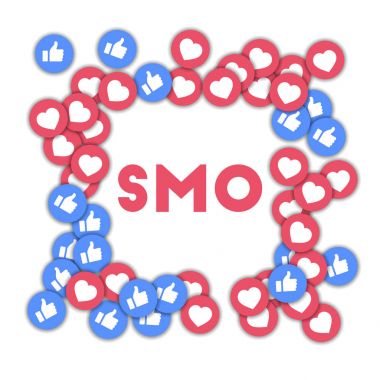 SMO Social media icons in abstract shape background with scattered thumbs up and hearts SMO clipart