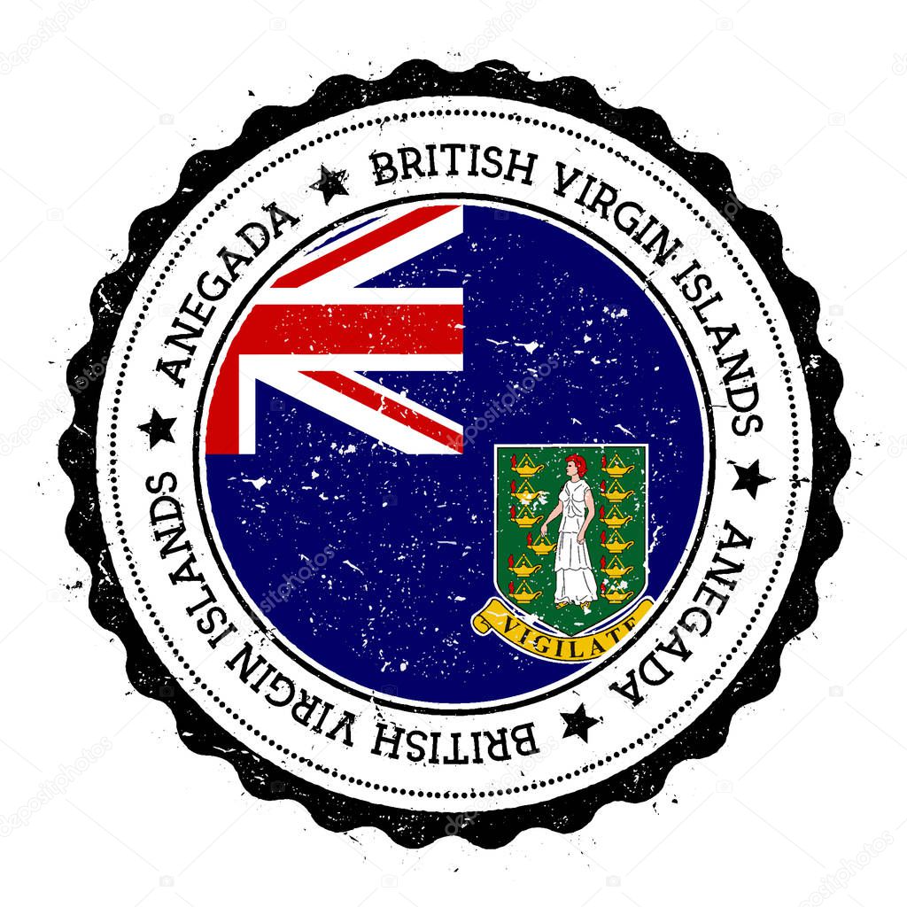 Anegada flag badge. Vintage travel stamp with circular text, stars and island flag inside it. Vector illustration.