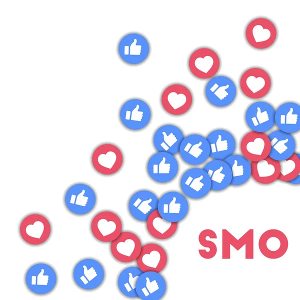 SMO Social media icons in abstract shape background with scattered thumbs up and hearts SMO — Stock Vector