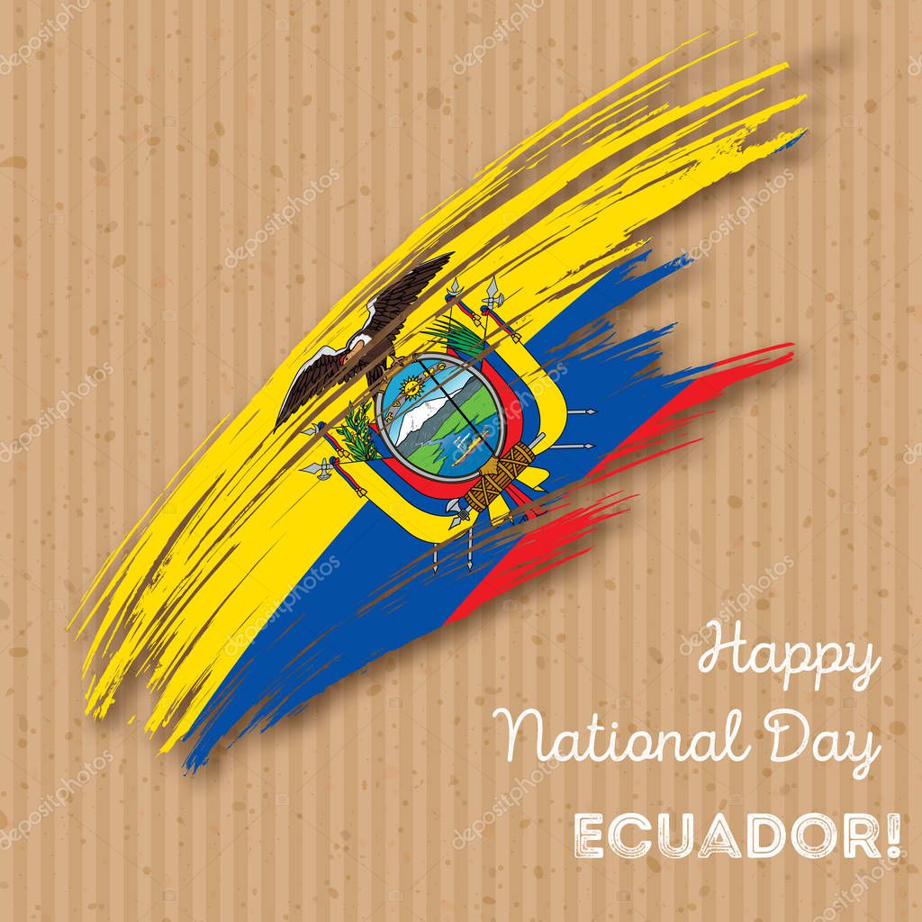 Ecuador Independence Day Patriotic Design. Expressive Brush Stroke in National Flag Colors on kraft paper background. Happy Independence Day Ecuador Vector Greeting Card.