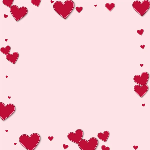 Cortar corações de papel vermelho Borda espalhada quadrada sobre fundo rosa claro Ilustração vetorial — Vetor de Stock