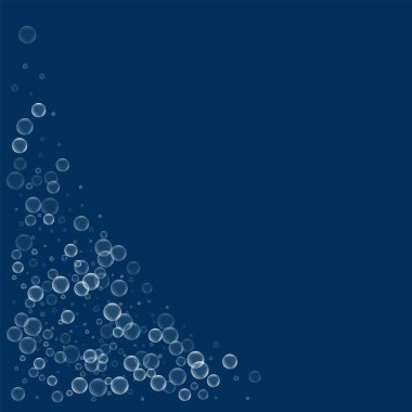 Sabun köpüğü alt sol köşede sabun köpüğü ile derin mavi arka plan vektör çizim