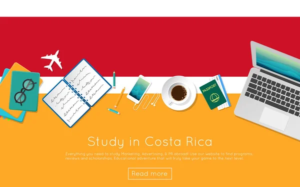 Tanulmány a Costa Rica koncepció a webes reklámcsík vagy nyomtatási anyagok felülnézet egy laptop könyvek és — Stock Vector