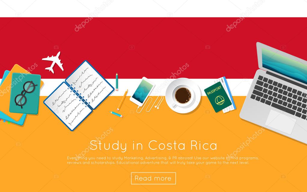 Study in Costa Rica concept for your web banner or print materials. Top view of a laptop, books and coffee cup on national flag. Flat style study abroad website header.