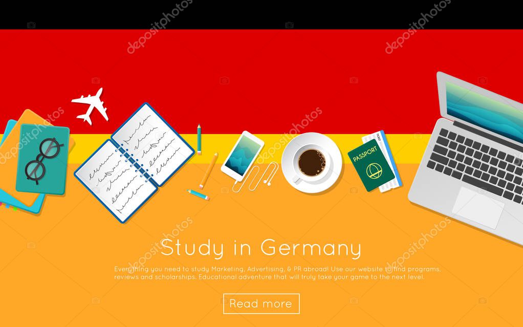 Study in Germany concept for your web banner or print materials. Top view of a laptop, books and coffee cup on national flag. Flat style study abroad website header.
