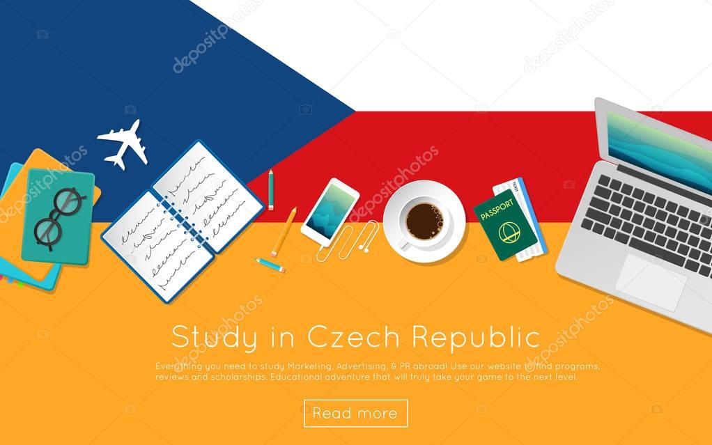 Study in Czech Republic concept for your web banner or print materials Top view of a laptop books