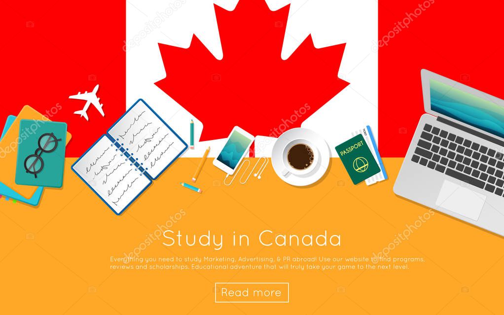 Study in Canada concept for your web banner or print materials Top view of a laptop books and