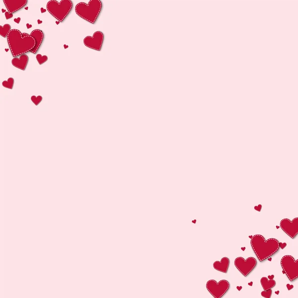 Röd sytts papper hjärtan ram hörn på ljus rosa bakgrund vektorillustration — Stock vektor