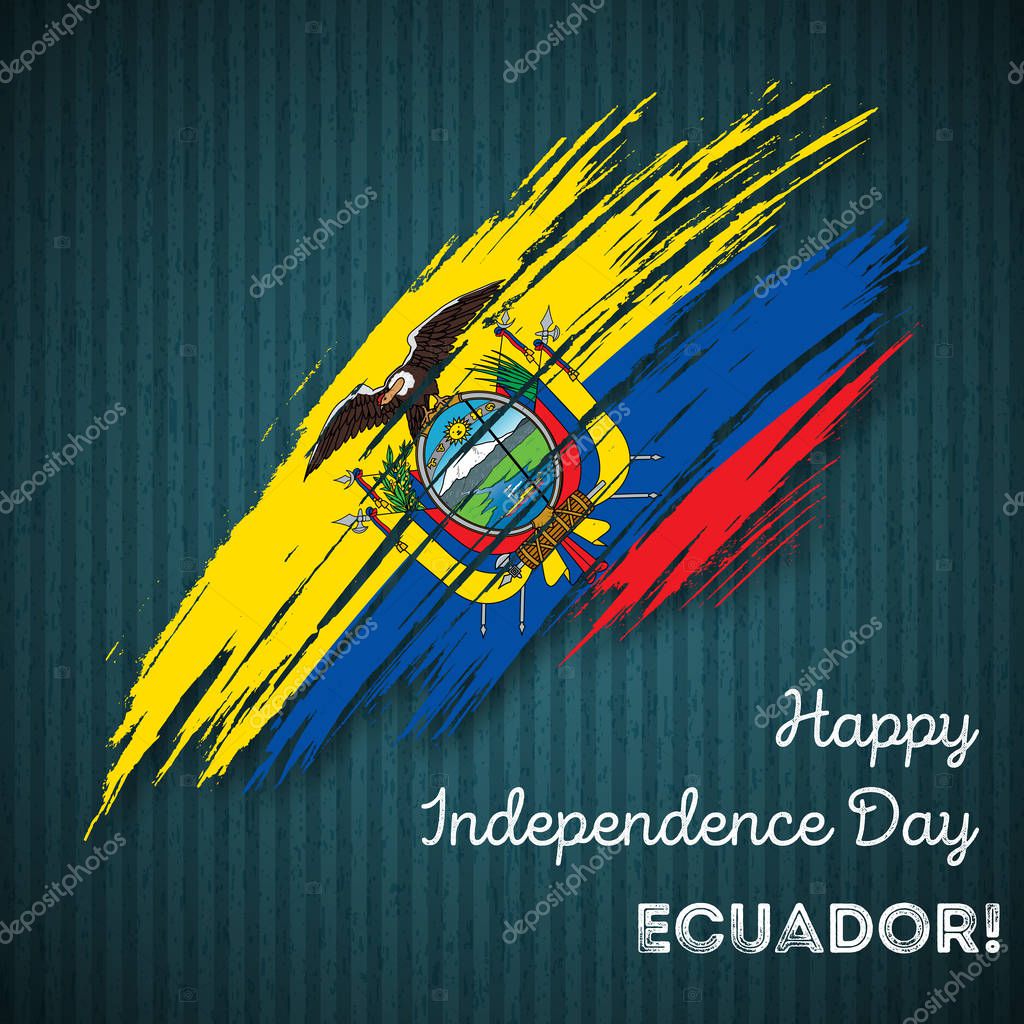 Ecuador Independence Day Patriotic Design. Expressive Brush Stroke in National Flag Colors on dark striped background. Happy Independence Day Ecuador Vector Greeting Card.