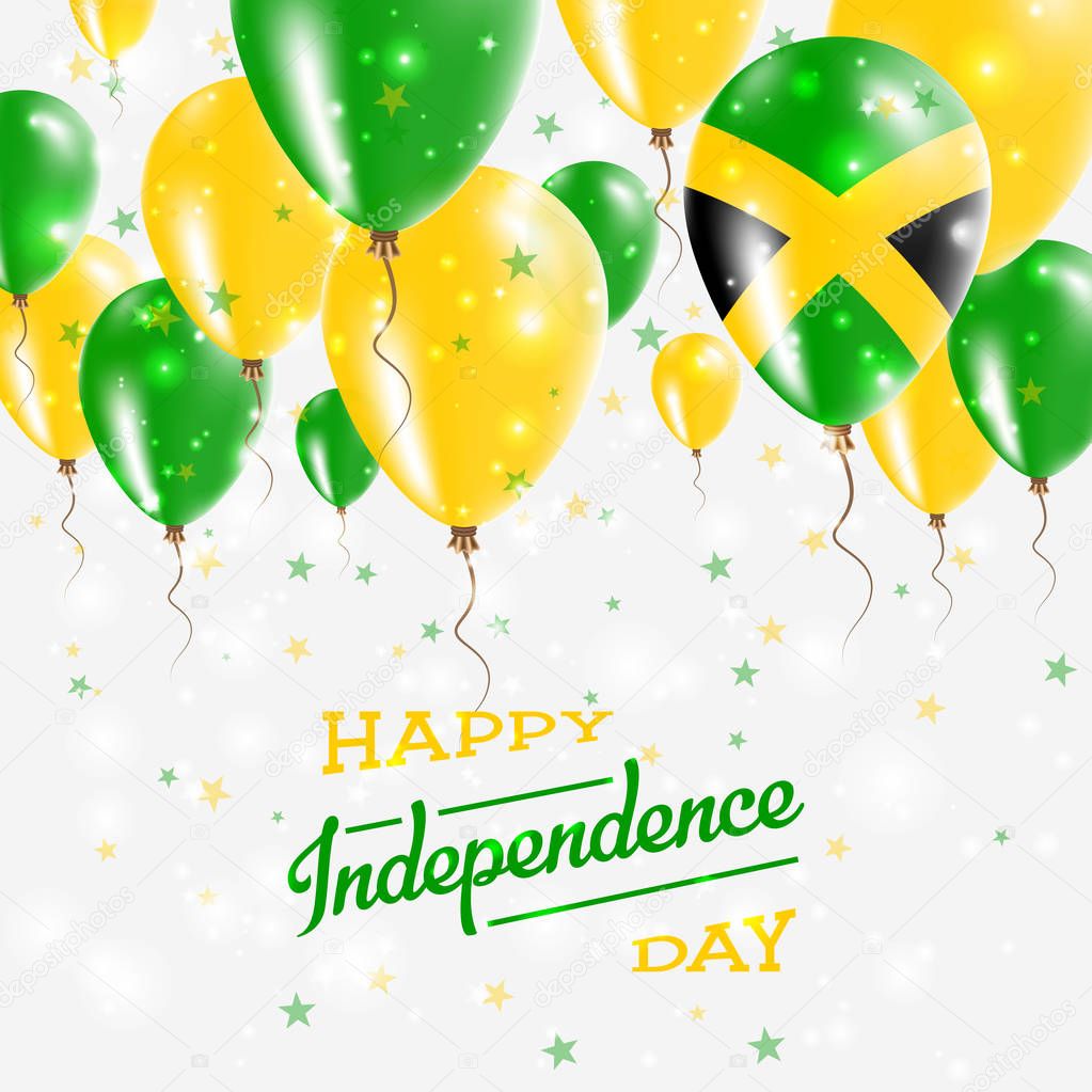 Jamaica Vector Patriotic Poster. Independence Day Placard with Bright Colorful Balloons of Country National Colors. Jamaica Independence Day Celebration.