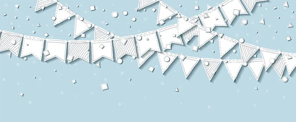 Party flags Beautiful celebration card with white stitched cutout paper party flags and confetti on