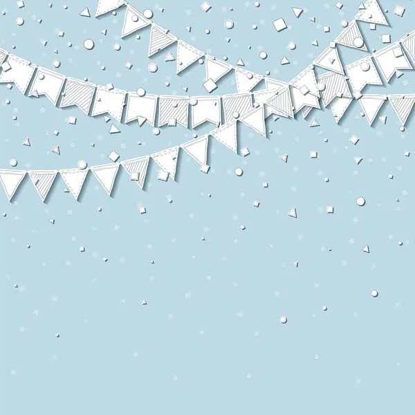 Drapeaux de fête Carte de célébration unique avec des drapeaux de fête en papier cousu blanc et confettis sur — Image vectorielle