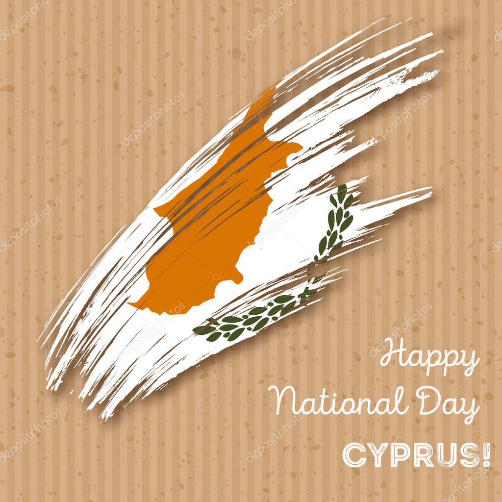 Cyprus Independence Day Patriotic Design. Expressive Brush Stroke in National Flag Colors on kraft paper background. Happy Independence Day Cyprus Vector Greeting Card.
