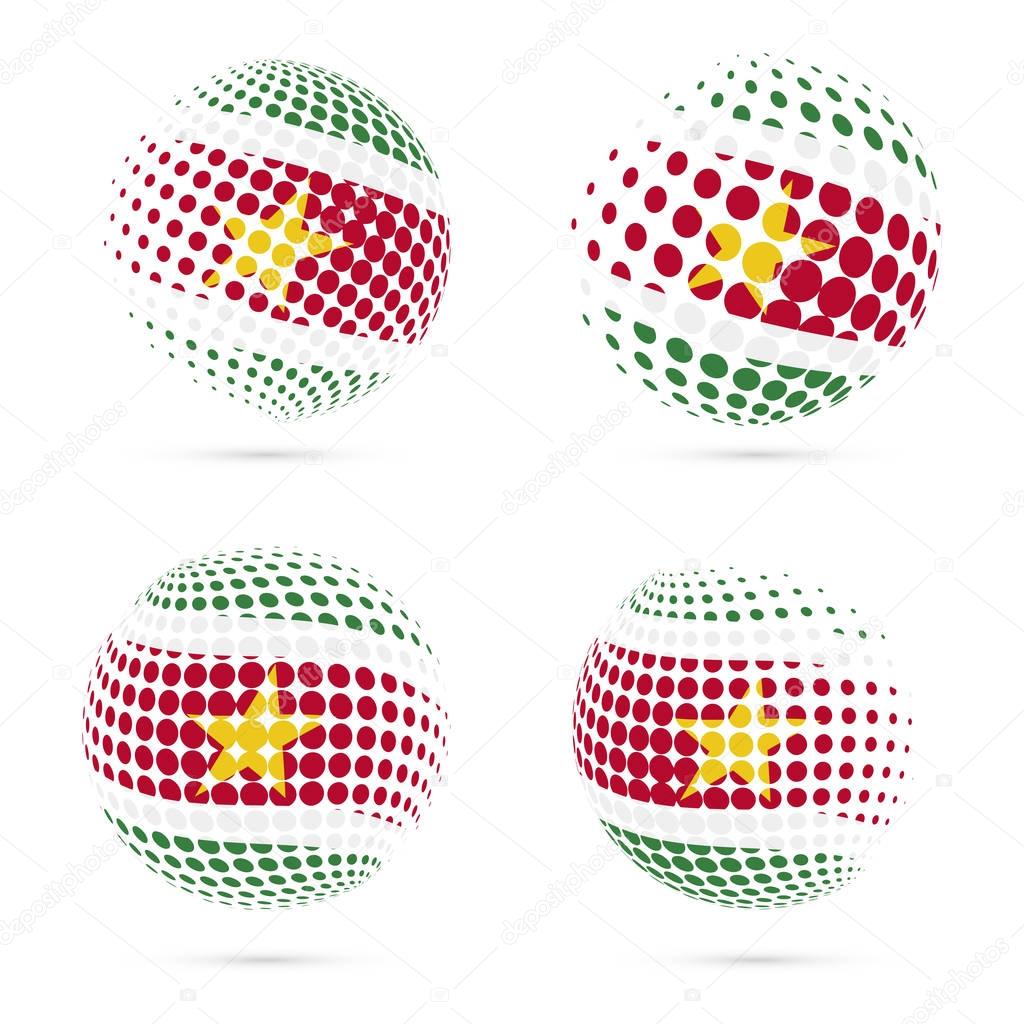Suriname halftone flag set patriotic vector design 3D halftone sphere in Suriname national flag