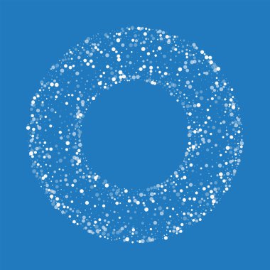 Rasgele düşen beyaz yuvarlak simit rasgele düşme ile beyaz çerçeve nokta mavi zemin üzerine