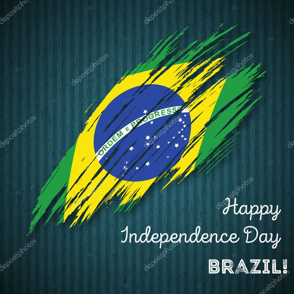Brazil Independence Day Patriotic Design. Expressive Brush Stroke in National Flag Colors on dark striped background. Happy Independence Day Brazil Vector Greeting Card.
