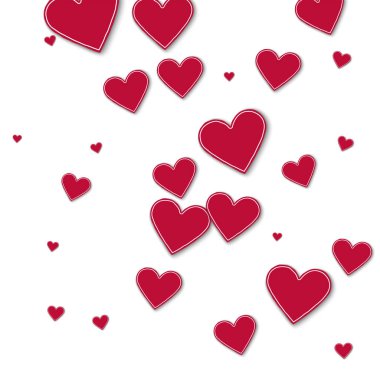 Rastgele kırmızı kağıt kalpler kaotik dağılım hatları beyaz arka planda vektör çizim