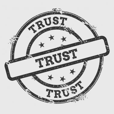 Lastik damgası izole Grunge beyaz arka plan üzerinde yuvarlak mühür metin mürekkep doku ile güven ve