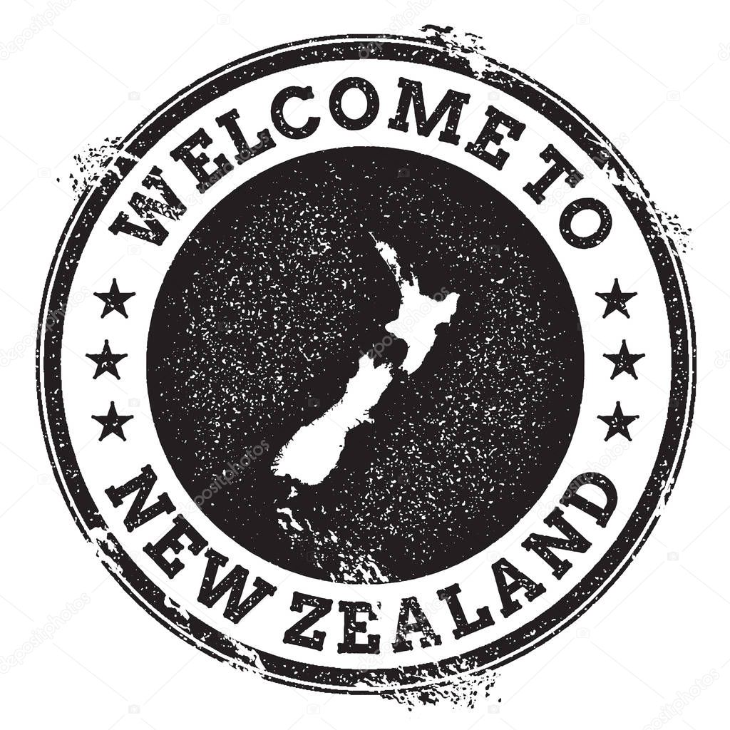 Vintage passport welcome stamp with New Zealand map Grunge rubber stamp with Welcome to New Zealand