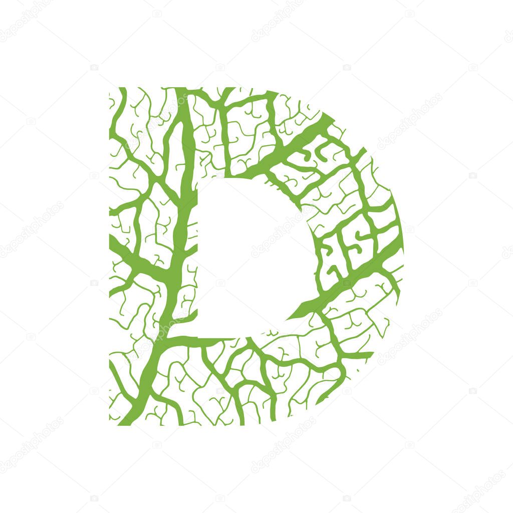 Nature alphabet ecology decorative font Capital letter D filled with leaf veins pattern green