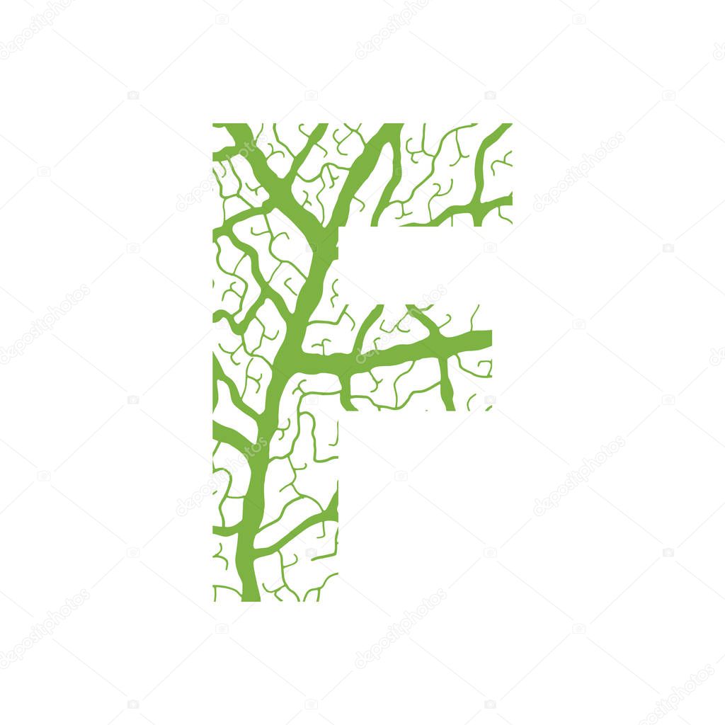 Nature alphabet ecology decorative font Capital letter F filled with leaf veins pattern green