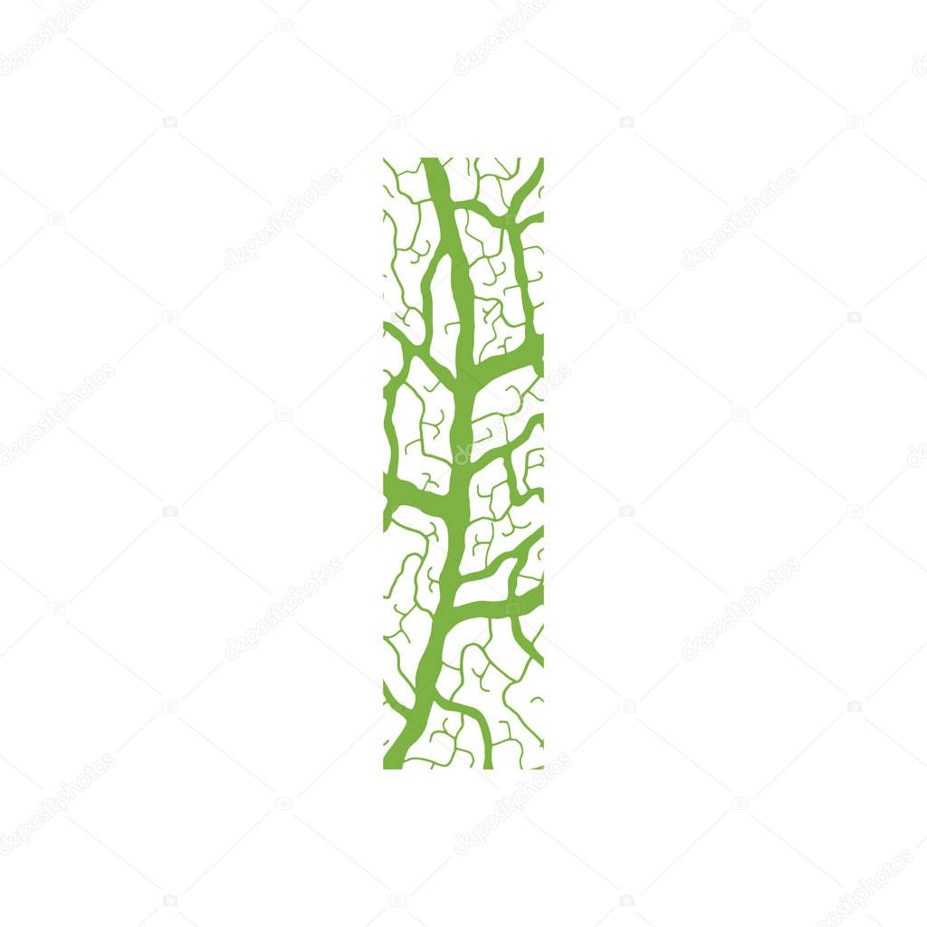 Nature alphabet ecology decorative font Capital letter I filled with leaf veins pattern green