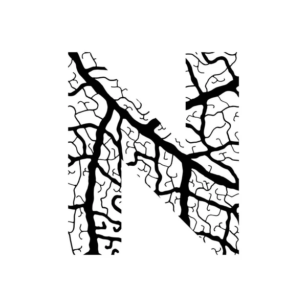 Natur Alphabet Ökologie dekorative Schrift Großbuchstabe n gefüllt mit Blattadern Muster schwarz auf — Stockvektor