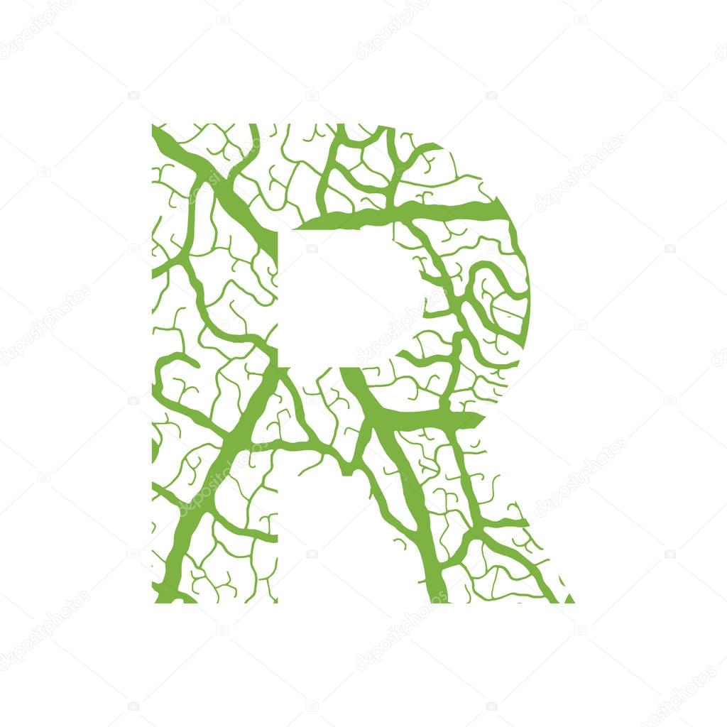 Nature alphabet ecology decorative font Capital letter R filled with leaf veins pattern green