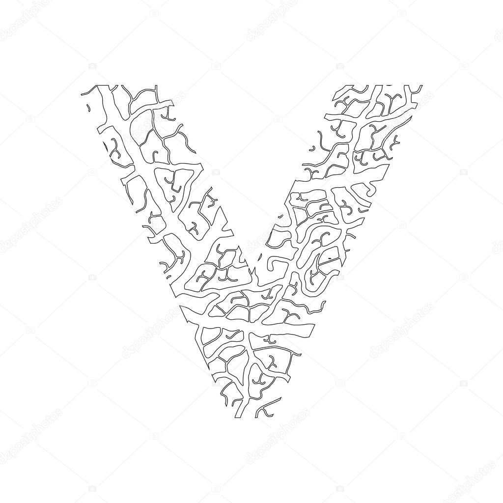 Nature alphabet ecology decorative font Capital letter W filled with leaf veins pattern black on