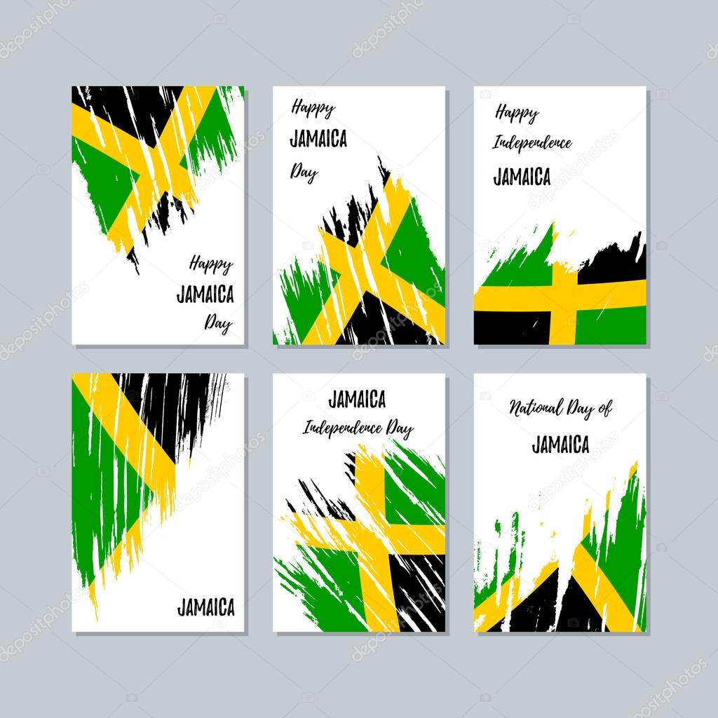 Jamaica Patriotic Cards for National Day. Expressive Brush Stroke in National Flag Colors on white card background. Jamaica Patriotic Vector Greeting Card.