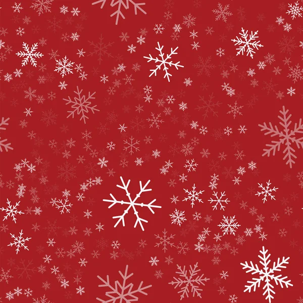 Copos de nieve blancos patrón sin costuras sobre fondo rojo de Navidad Caóticos copos de nieve blancos dispersos — Vector de stock
