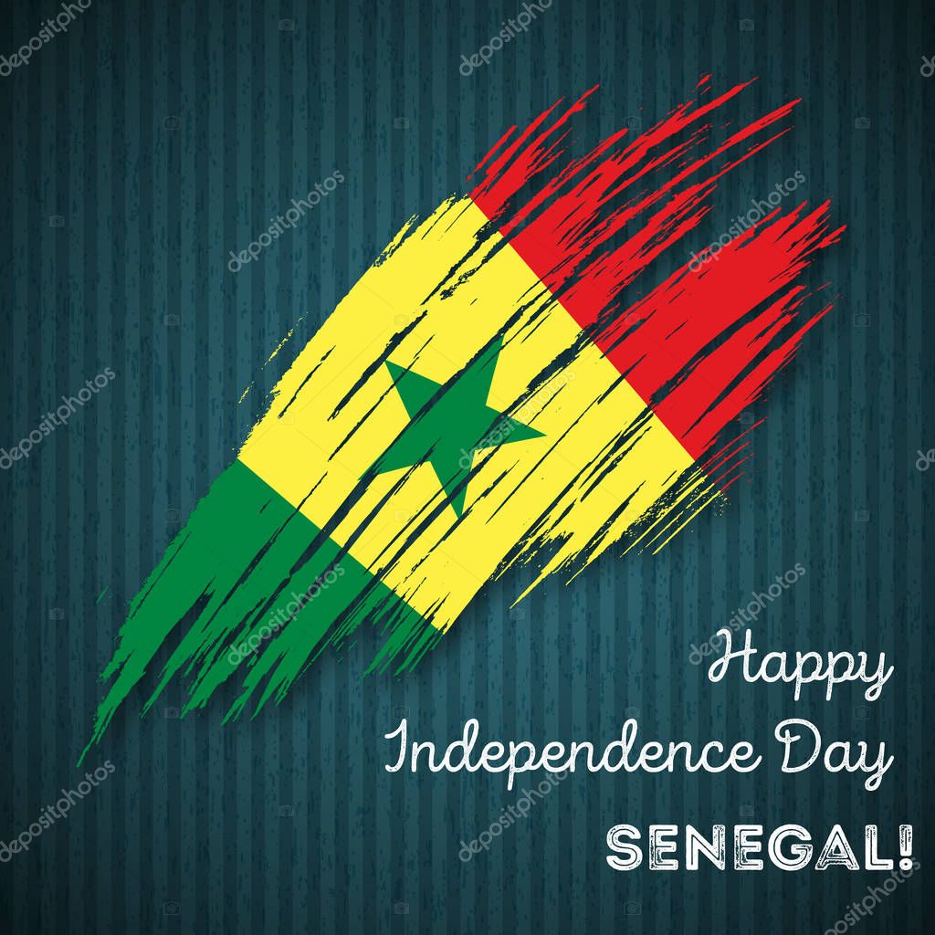 Senegal Independence Day Patriotic Design. Expressive Brush Stroke in National Flag Colors on dark striped background. Happy Independence Day Senegal Vector Greeting Card.