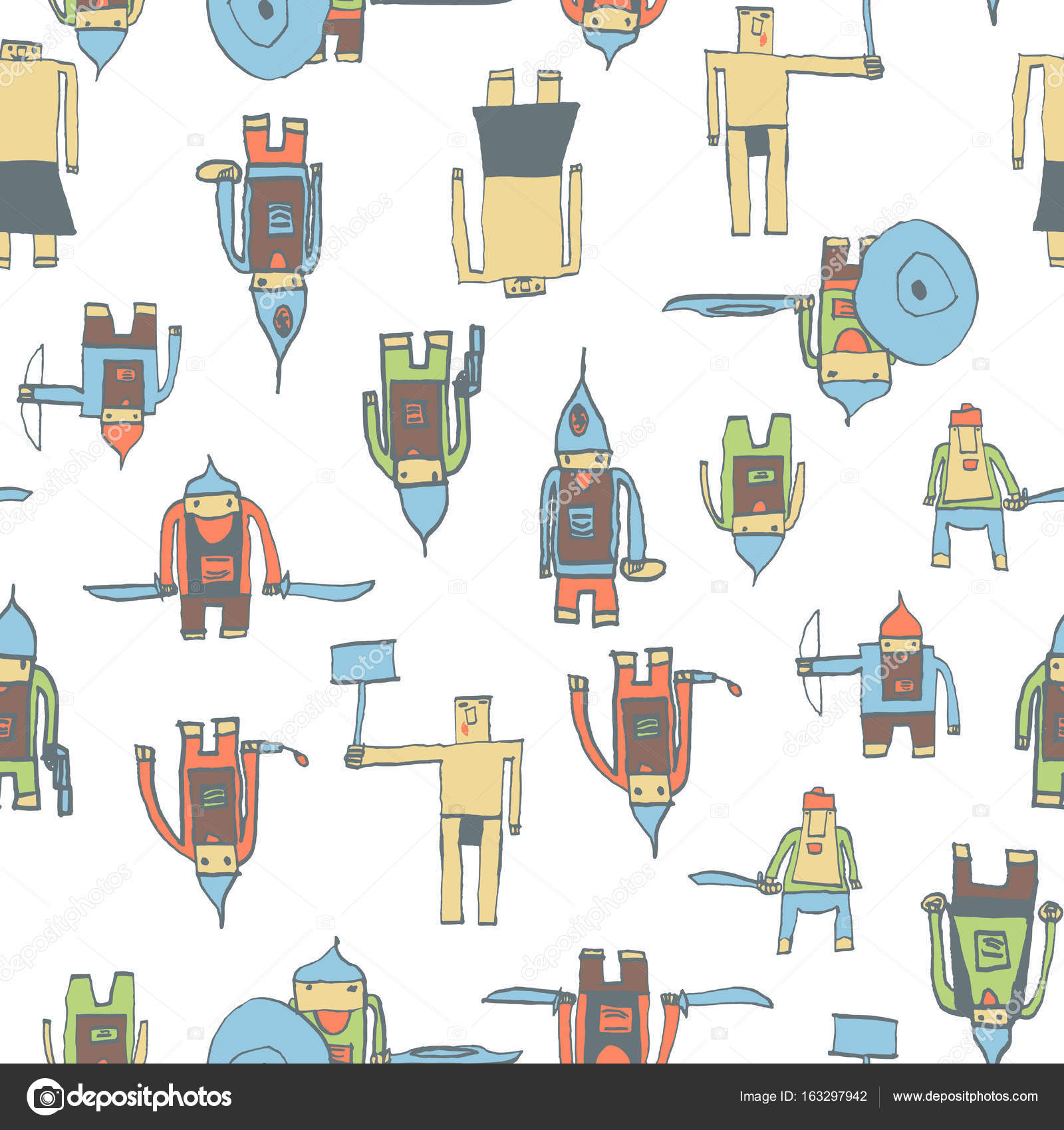 Travolgente bambino di disegno con la penna di scuola Carina eroe disegnato a mano con colore su fondo bianco Modello senza cuciture di ragazzo eroe per