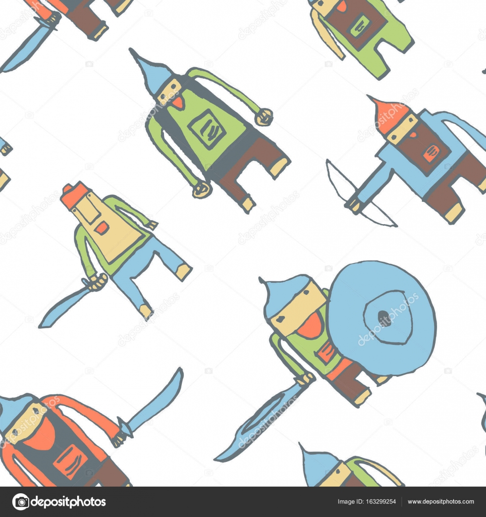 Squisito disegno bambino con la penna di scuola Carina eroe disegnato a mano con colore su fondo bianco Modello senza cuciture di ragazzo eroe per tessili