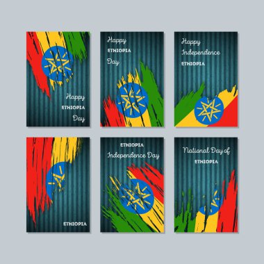 Ethiopia Patriotic Cards for National Day Expressive Brush Stroke in National Flag Colors on dark clipart