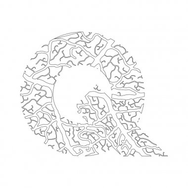 Doğa alfabe ekoloji dekoratif yazı tipi büyük harf Q siyah yaprak damarları desenli dolu