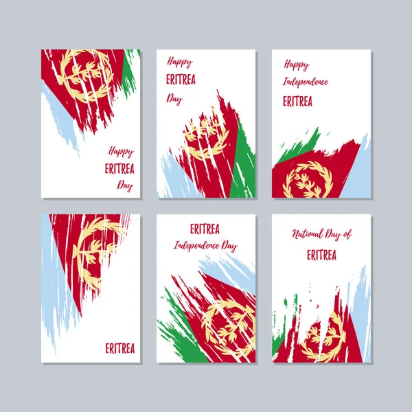 Cartões Patrióticos da Eritreia para o Dia Nacional Pincel Expressivo Curso em cores da bandeira nacional no branco —  Vetores de Stock