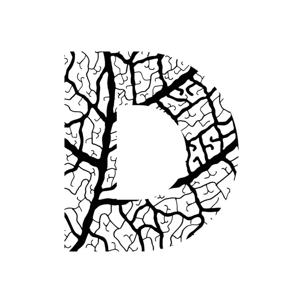 Natur Alphabet Ökologie dekorative Schrift Großbuchstabe d gefüllt mit Blattadern Muster schwarz auf — Stockvektor